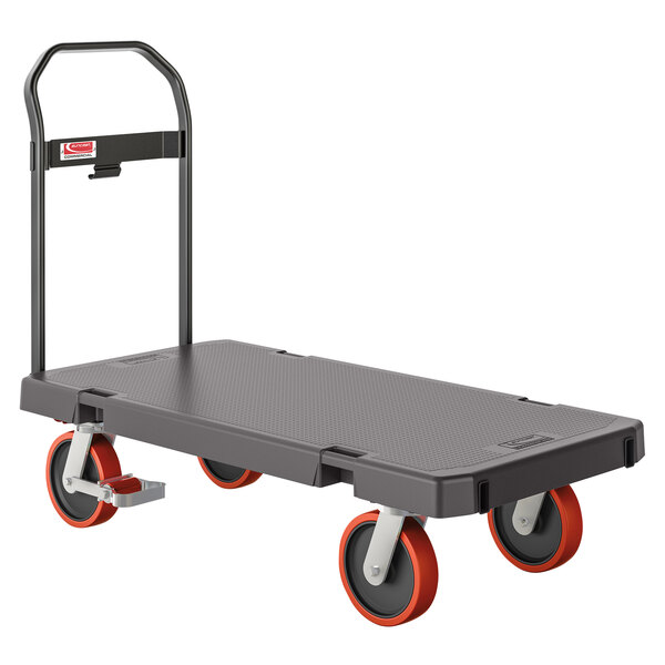 A black and red Suncast standard-duty platform truck with red wheels.