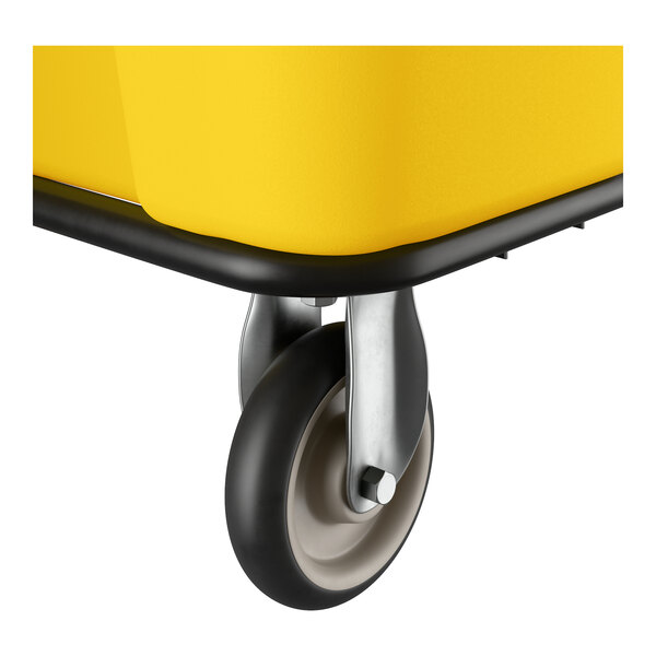 A close-up of a yellow Lavex 16 cubic foot leakproof cube truck with a black caster wheel.