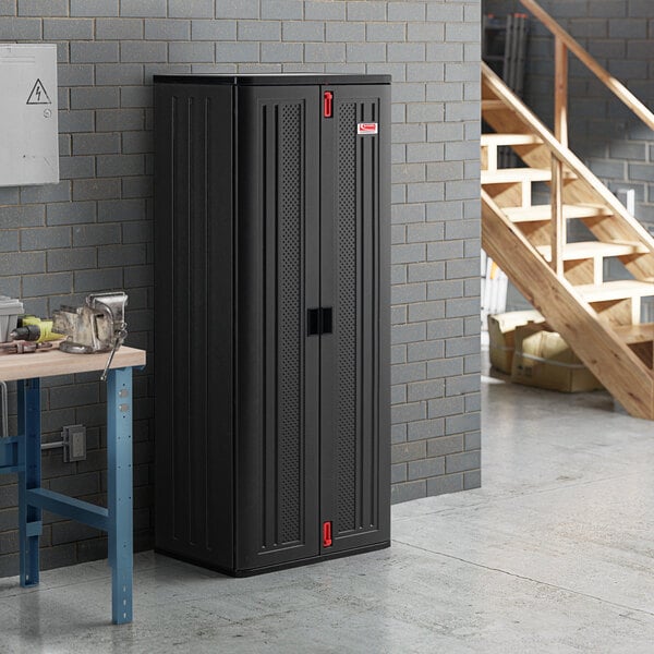 A Suncast dark gray heavy-duty tall storage cabinet.