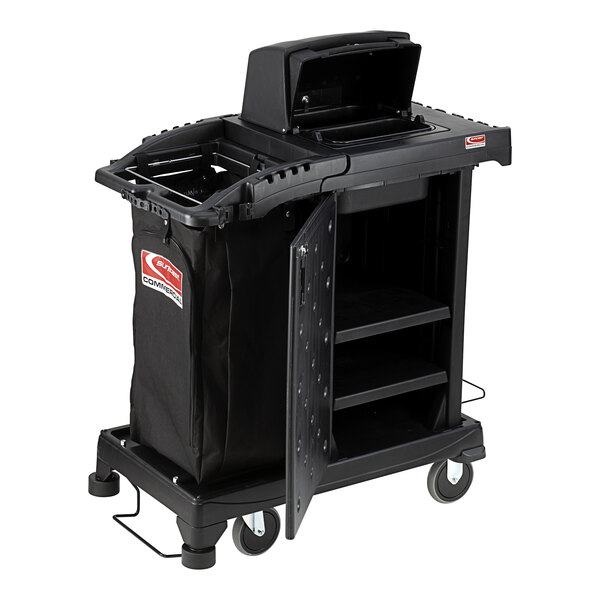 A black Suncast housekeeping cart with a door open.