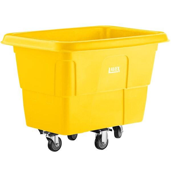 A yellow plastic container on wheels.