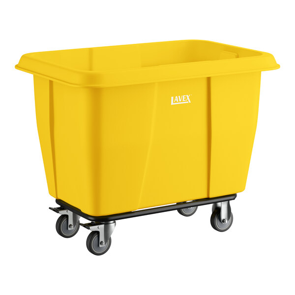 A yellow Lavex 8 cubic foot cube truck with a 500 lb. capacity and four caster wheels.