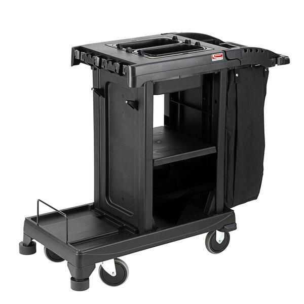A black Suncast janitor cart with a black bag on it.