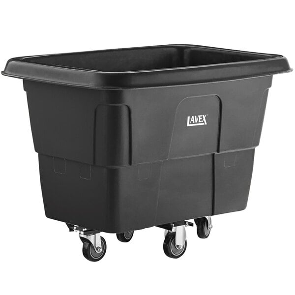 A black plastic container on wheels.