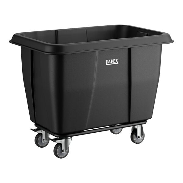 A black Lavex 8 cubic foot cube truck with a 500 lb. capacity and four swivel caster wheels.