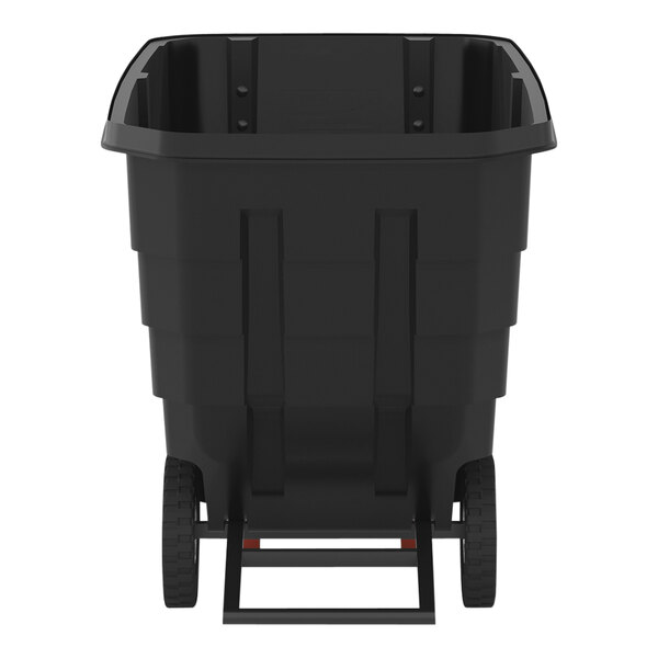 A black plastic garbage bin on wheels.