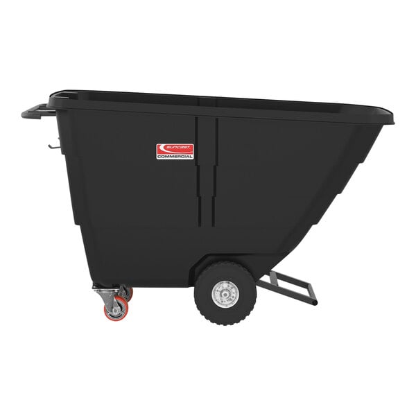 A black container with wheels.