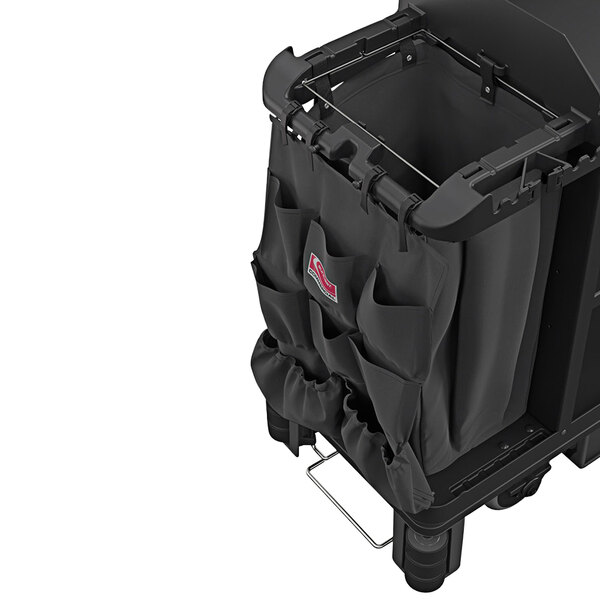 A black cart with a Suncast black 8-pocket organizer attached.