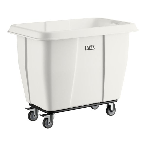 A white Lavex 12 cubic foot cube truck with a 600 lb. capacity and four caster wheels.