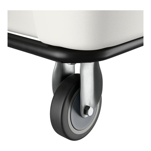 A close-up of a caster wheel attached to a white Lavex 12 cubic foot cube truck.