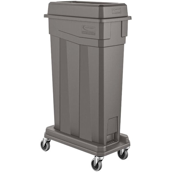 A grey plastic container on wheels.