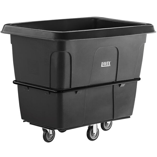 A black rectangular Lavex cube truck with wheels.