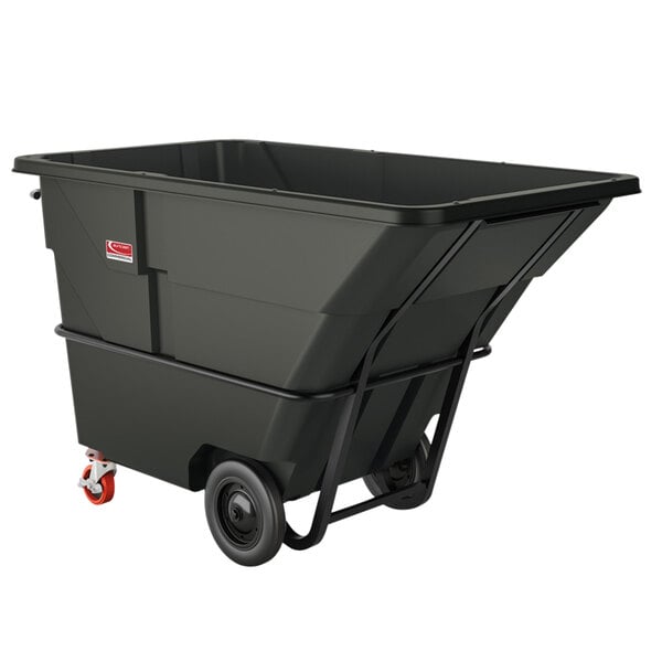 A black container on red wheels.