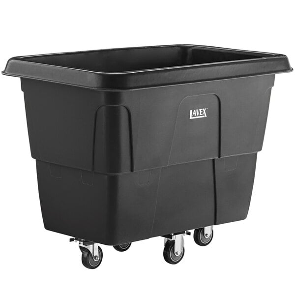 A black plastic container with wheels.