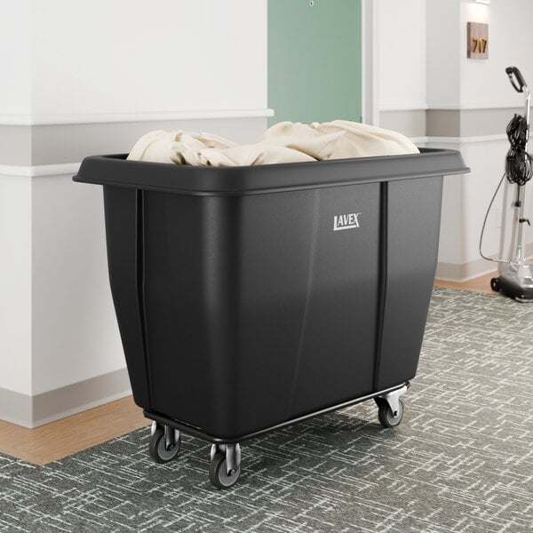 A large black Lavex cube truck with a 12 cubic foot capacity, designed for transporting items such as laundry or supplies.