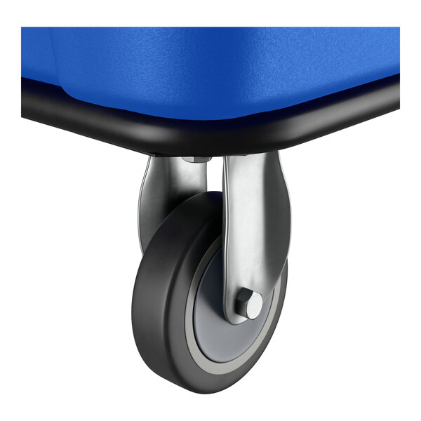 A close-up of a caster wheel attached to a blue Lavex 8 cubic foot cube truck.