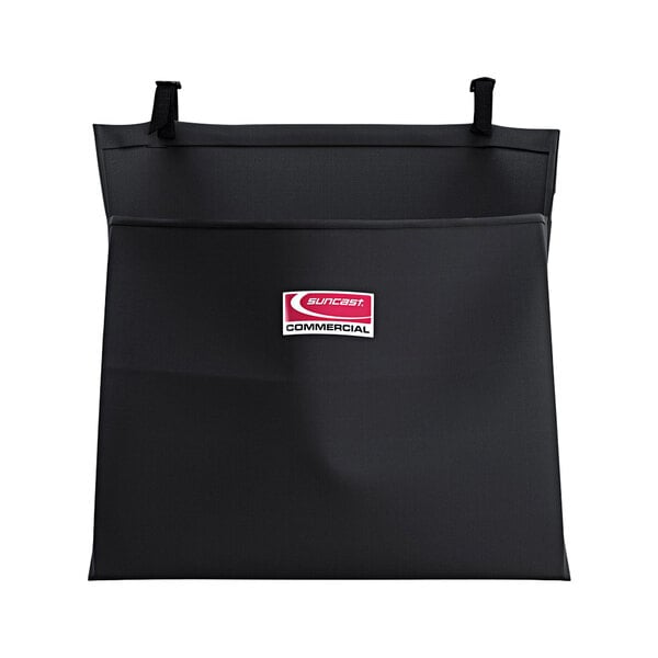 A black bag with a white label with a red logo.
