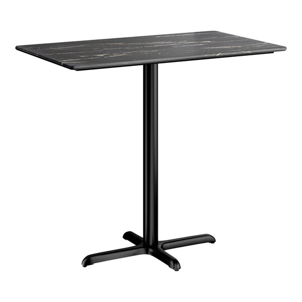 A rectangular bar height table with a smooth dark finish and a black cross base plate.