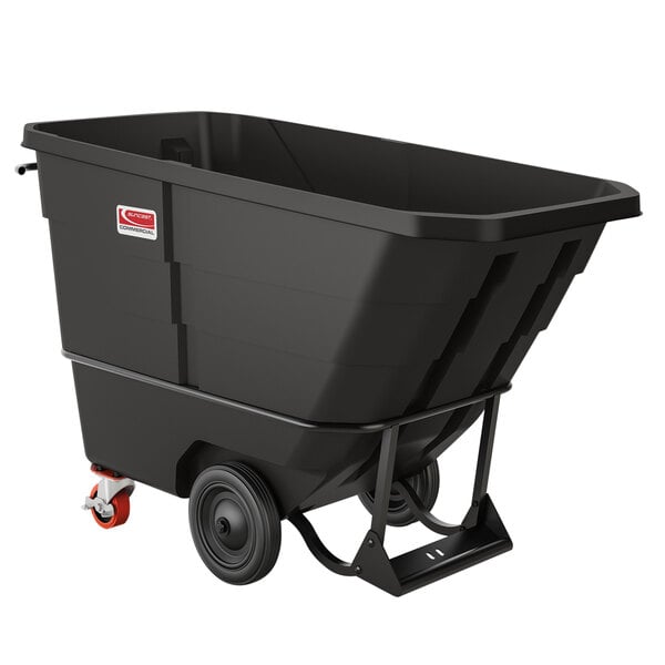 A black plastic Suncast tilt truck with red wheels.