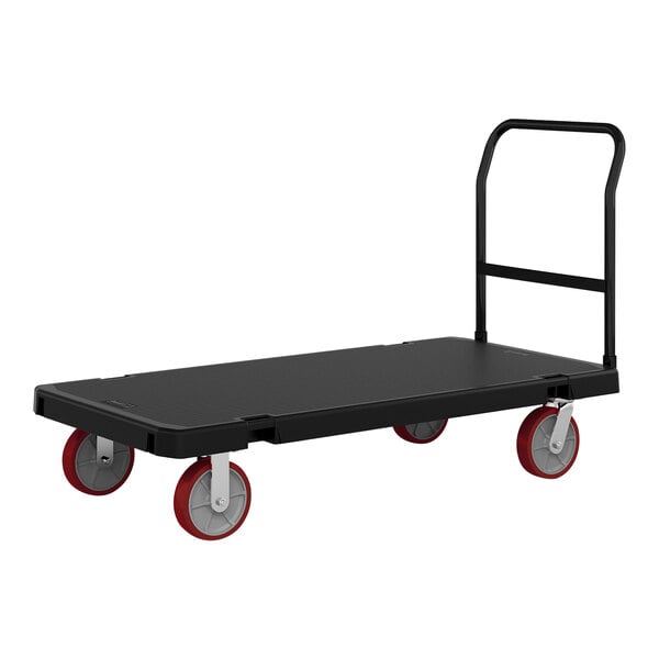A black Suncast platform truck with red wheels.