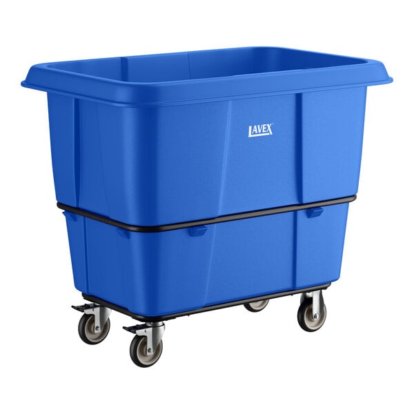 A blue Lavex 16 cubic foot leakproof cube truck with a 1000 lb. capacity and four caster wheels.