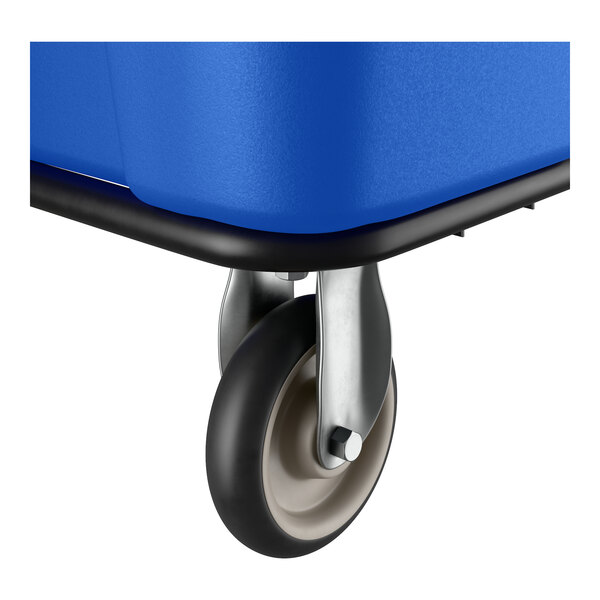 A close-up of a blue Lavex 16 cubic foot leakproof cube truck with a caster wheel.