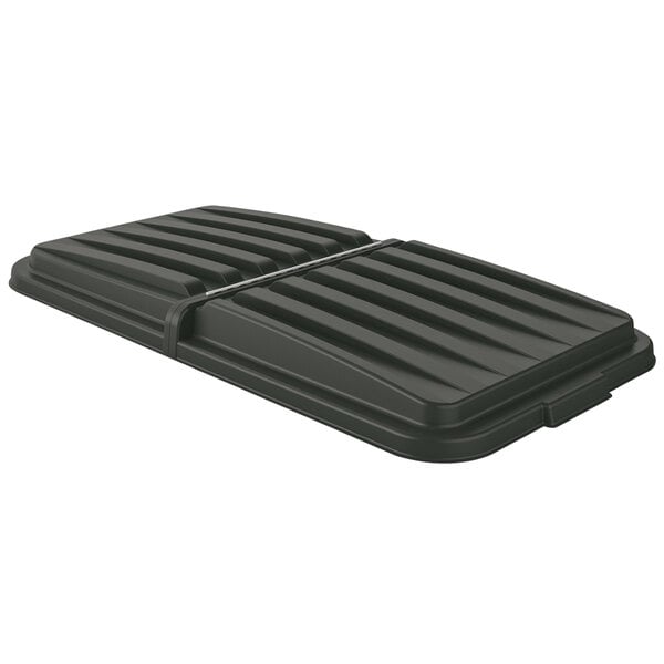 A black plastic Suncast tilt truck trash container with a hinged lid.