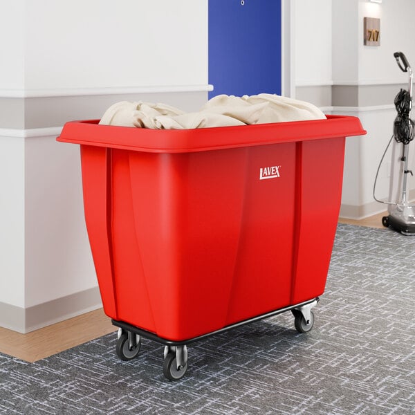 A large red Lavex cube truck with a 12 cubic foot capacity, designed for transporting laundry or materials.