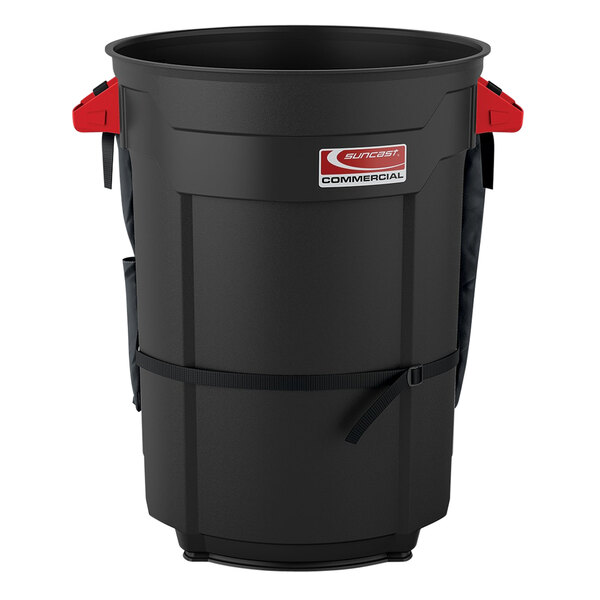 A black plastic Suncast trash can caddy with red handles.