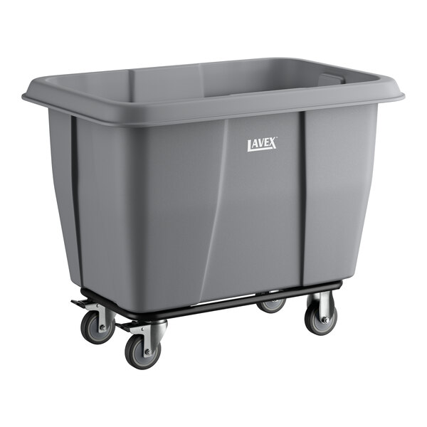 A gray Lavex 8 cubic foot cube truck with a 500 lb. capacity and four swivel casters.
