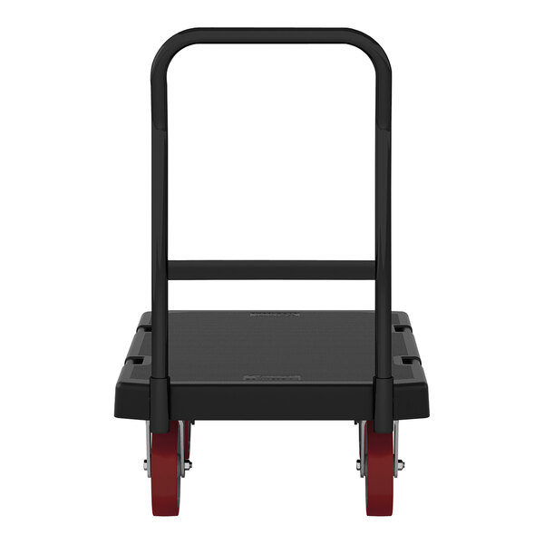 A black and red platform truck with a handle.