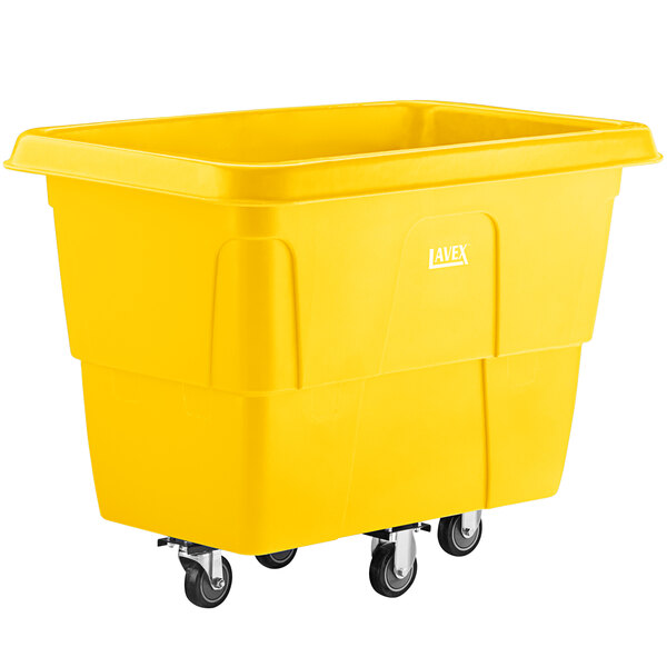 A yellow plastic container on wheels.