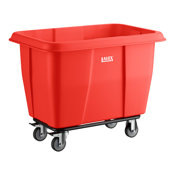 A red Lavex 8 cubic foot cube truck with a 500 lb. capacity and four caster wheels.