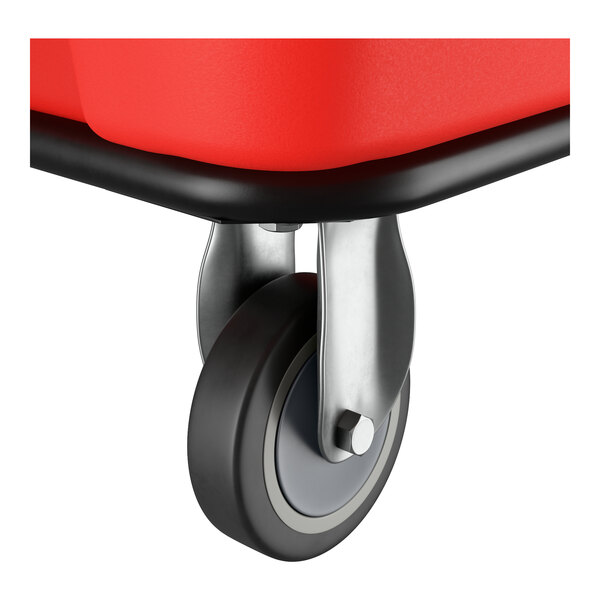A close-up of a caster wheel attached to a red Lavex 8 cubic foot cube truck.