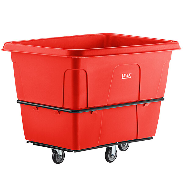 A red plastic Lavex cube truck container on wheels.