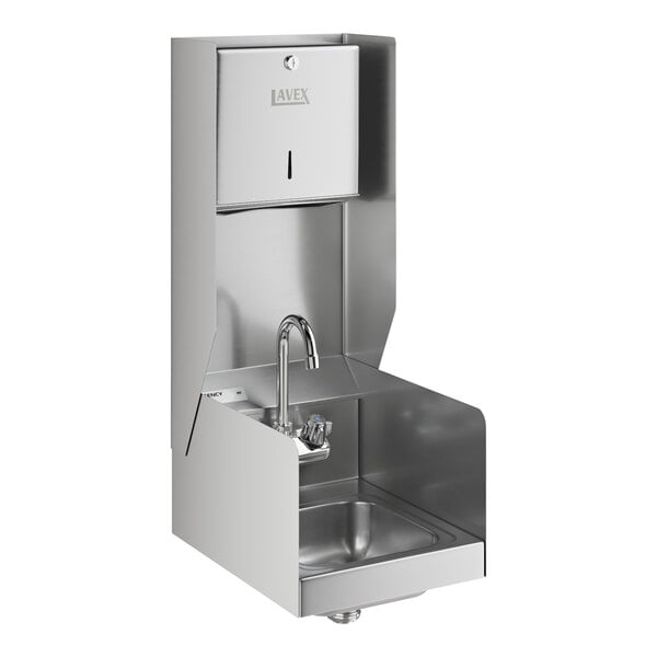 A Regency stainless steel wall mounted hand sink with side splashes and top mounted paper towel dispenser above it.