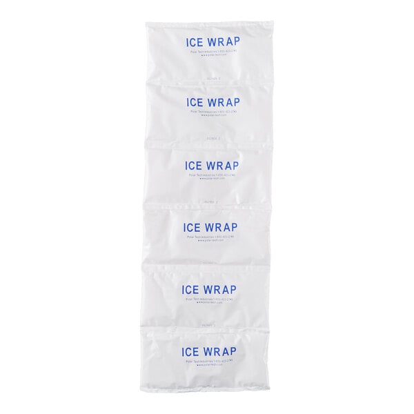 A rectangular flexible ice mat with six connected white pouches labeled 'ICE WRAP' in blue text.