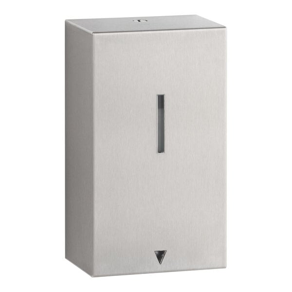 A rectangular stainless steel wall-mounted dispenser with a small vertical window and a triangular button or indicator near the bottom.