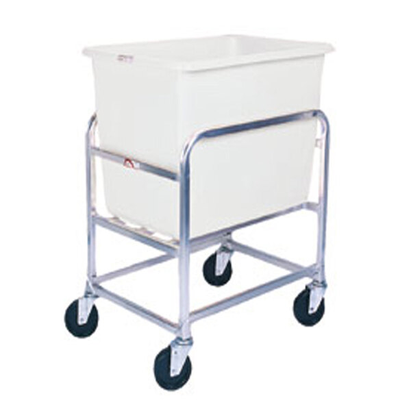 A white plastic container on a Winholt stainless steel bulk mover.