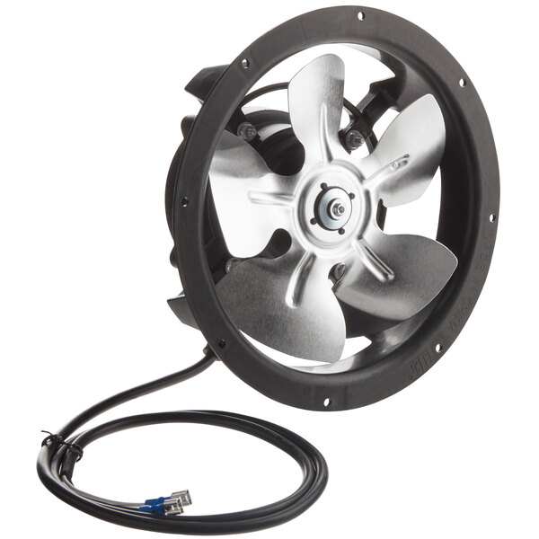 An Avantco evaporator fan motor with a black and silver metal fan and a black cable.