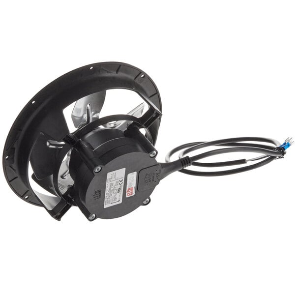 A close-up of a black Avantco evaporator fan motor with wires attached.
