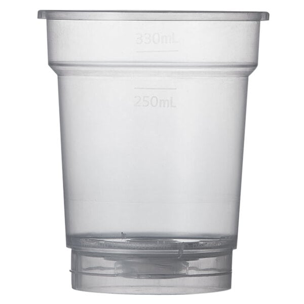 A ReverseTap clear plastic cup with a lid on it.