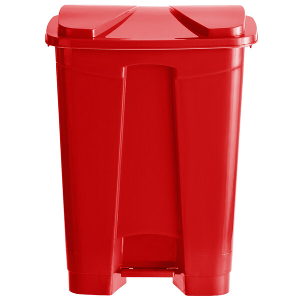 A red Lavex rectangular step-on trash can with a lid.