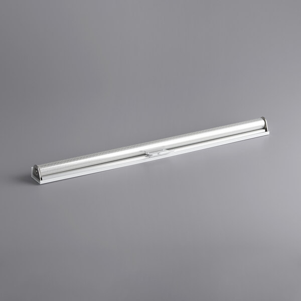 An Avantco night curtain with a silver metal tube and a white light fixture.