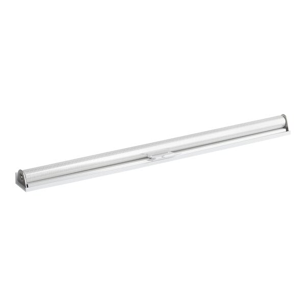 A long, narrow, white retractable curtain or cover with metal end brackets, designed to be mounted horizontally.