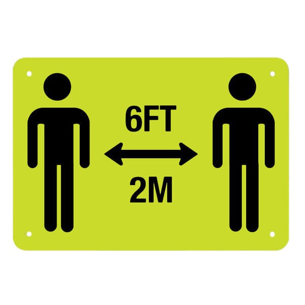 A yellow rectangular sign with black figures of two people and text reading "Social Distancing" above them.