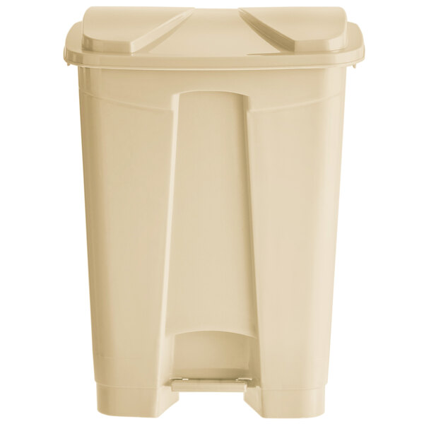 A beige plastic Lavex rectangular step-on trash can with a lid.