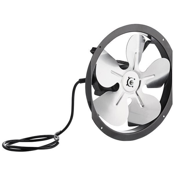 An Avantco evaporator fan assembly with a black and silver fan and a cord attached.