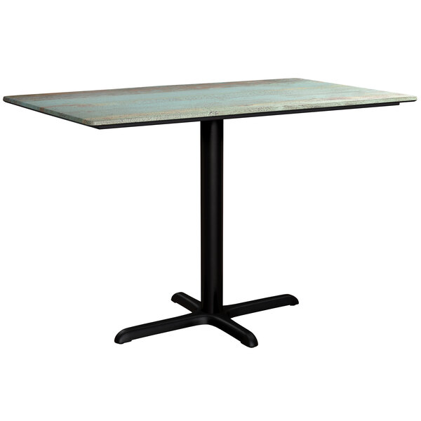 A Lancaster Table & Seating rectangular dining height table with a blue top and black base.