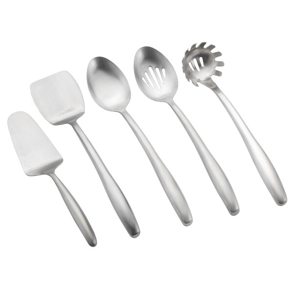 A Tablecraft Dalton stainless steel buffet kit with tongs, ladle, spoon, fork, and cake server.